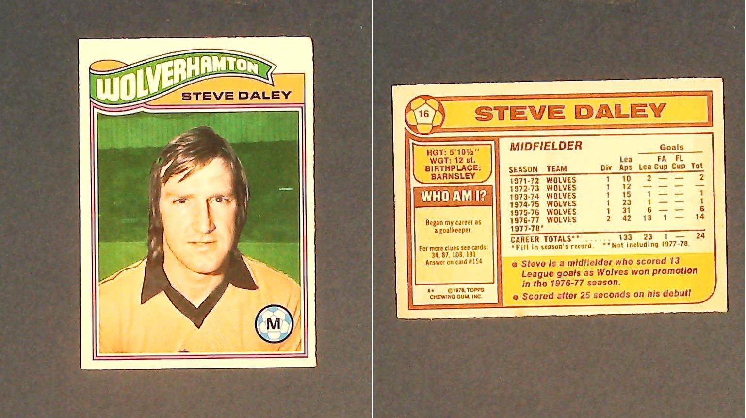 Topps Chewing Gum Orange Back Football Cards - 1978 No,16 Steve Daley Wolverhampton Wanderers