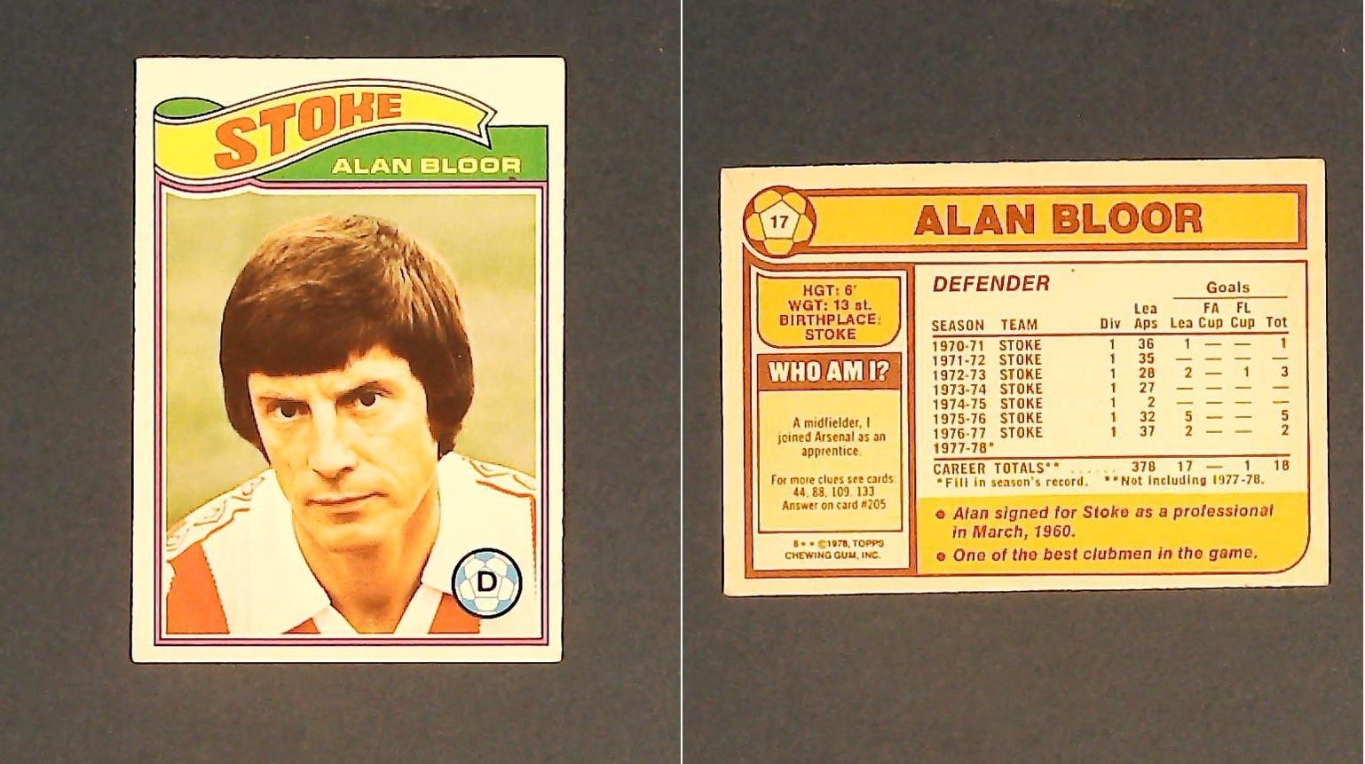 Topps Chewing Gum Orange Back Football Cards - 1978 No,17 Alan Bloor Stoke City