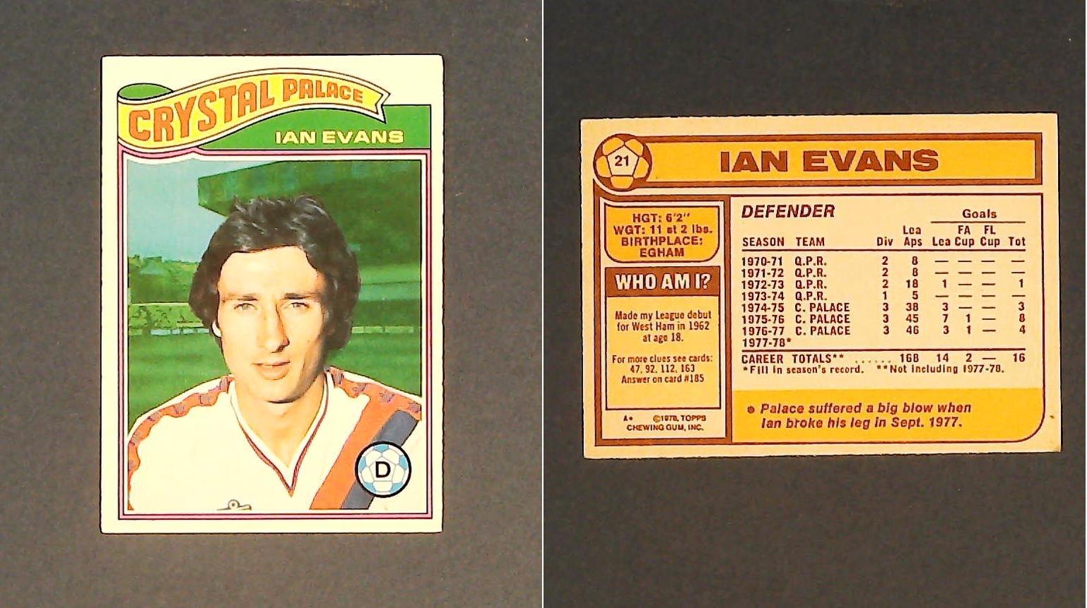 Topps Chewing Gum Orange Back Football Cards - 1978 No.21 Ian Evans Crystal Palace