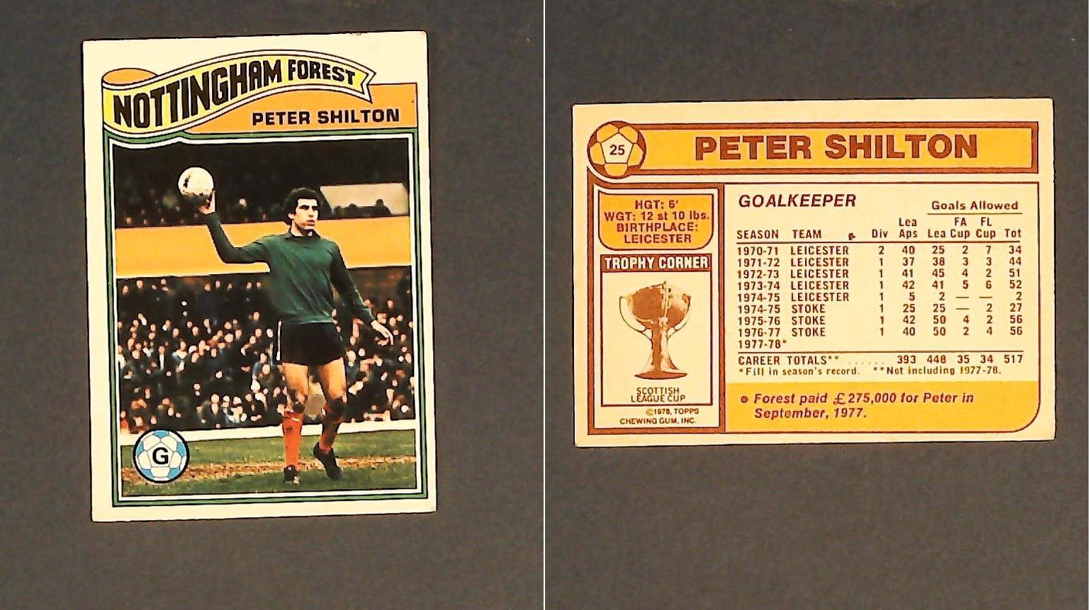 Topps Chewing Gum Orange Back Football Cards - 1978 No.25 Peter Shilton Nottingham Forest Topps Chewing Gum Orange Back Football Cards - 1978 No.25 Peter Shilton Nottingham Forest