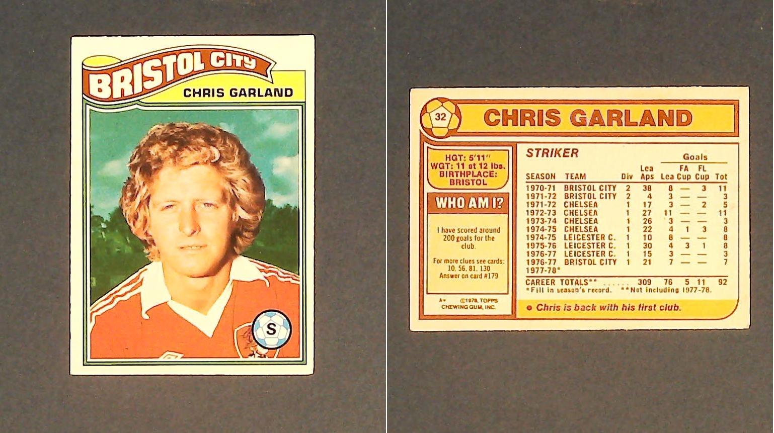 Topps Chewing Gum Orange Back Football Cards - 1978 No.32 Chris Garland Bristol City
