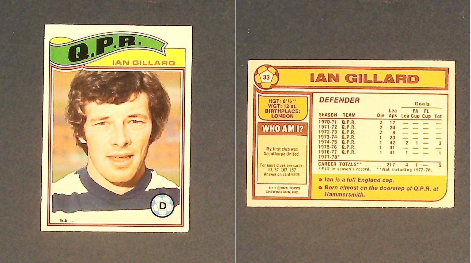 Topps Chewing Gum Orange Back Football Cards - 1978 No.33 Ian Gillard Queens Park Rangers