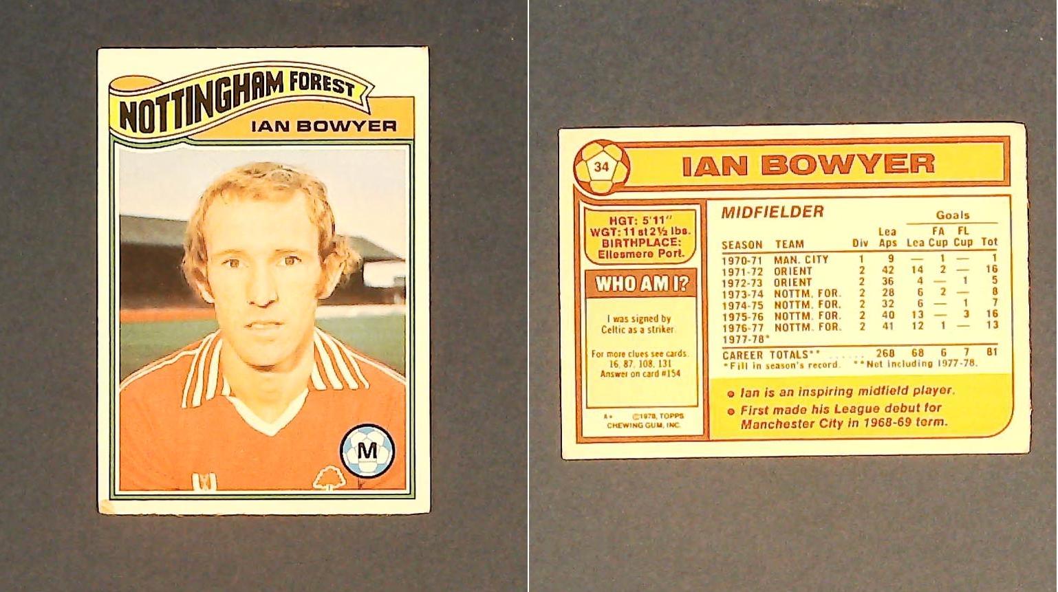 Topps Chewing Gum Orange Back Football Cards - 1978 No.34 Ian Bowyer Nottingham Forest