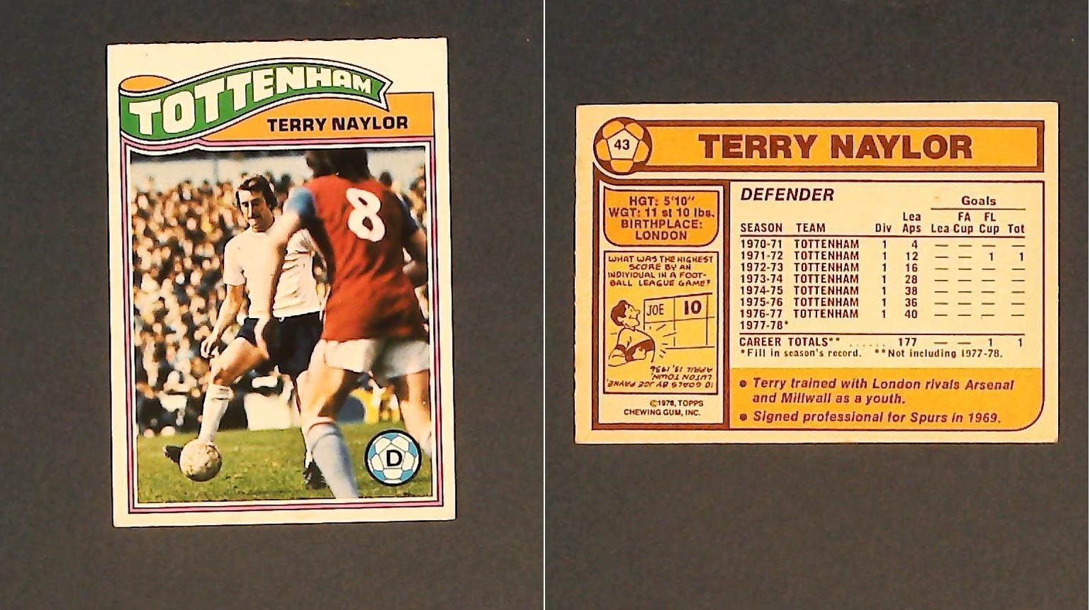 Topps Chewing Gum Orange Back Football Cards - 1978 No43 Terry Naylor Tottenham Hotspur