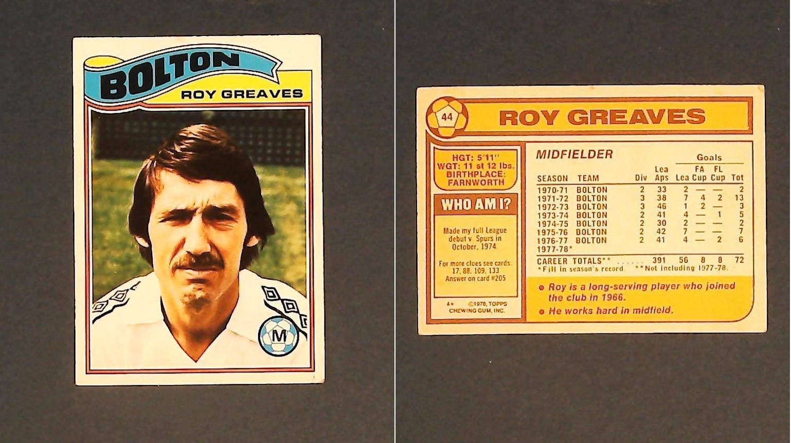 Topps Chewing Gum Orange Back Football Cards - 1978 No 44 Roy Greaves Bolton Wanderers