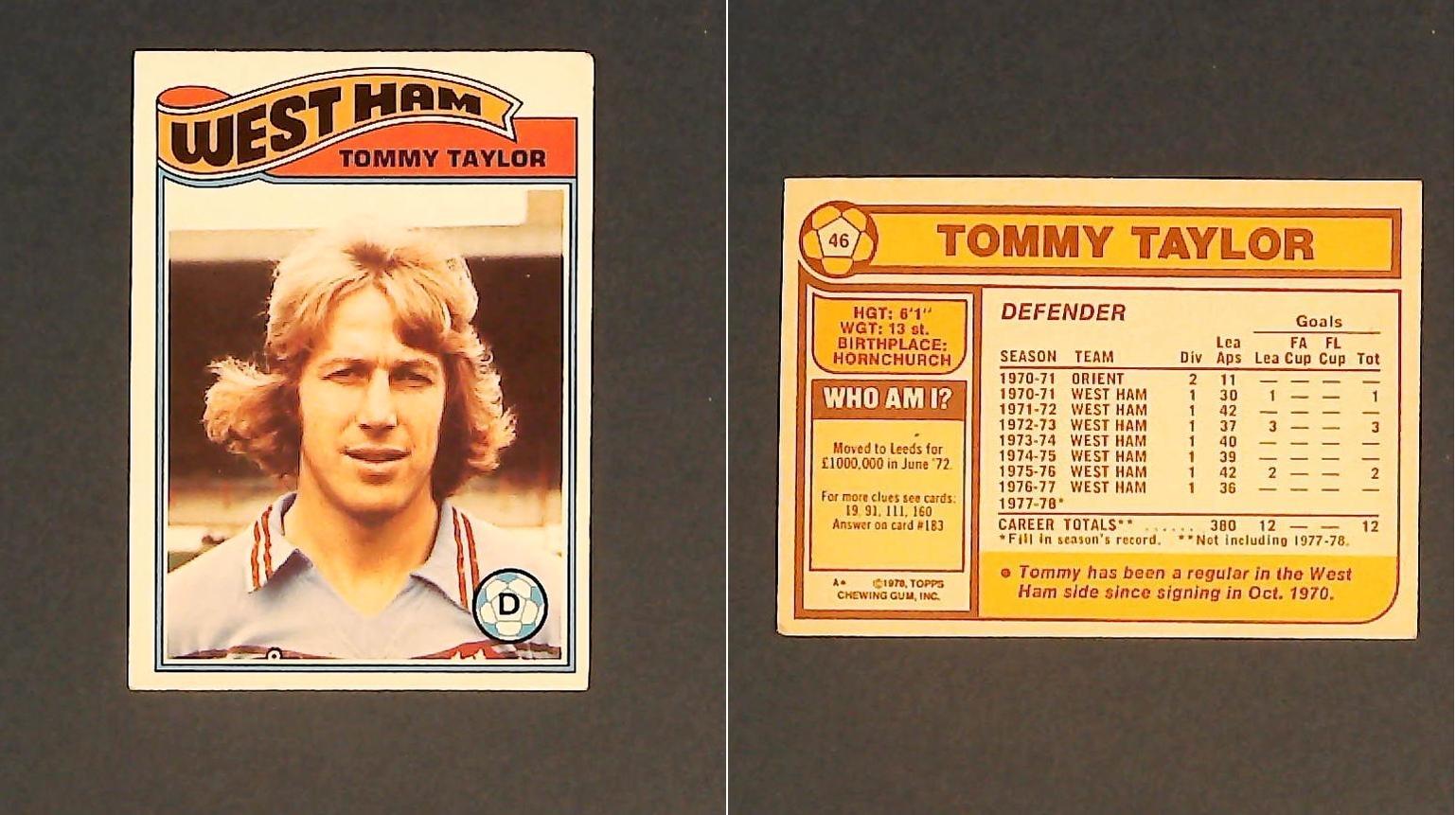 Topps Chewing Gum Orange Back Football Cards - 1978 No. 46 Tommy Taylor West Ham United