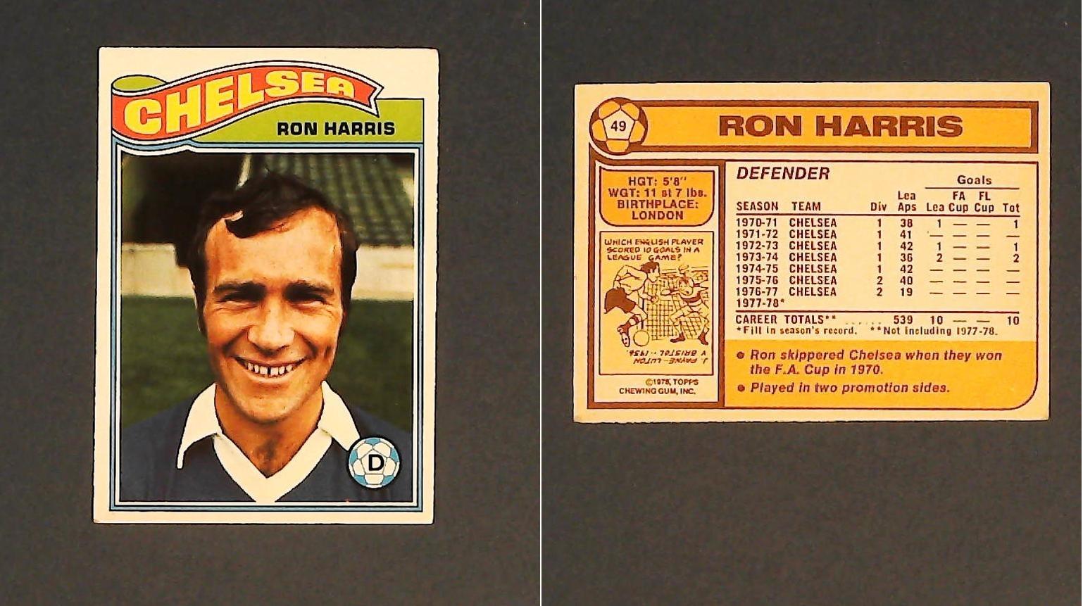 Topps Chewing Gum Orange Back Football Cards - 1978 No. 49 Ron Harris Chelsea