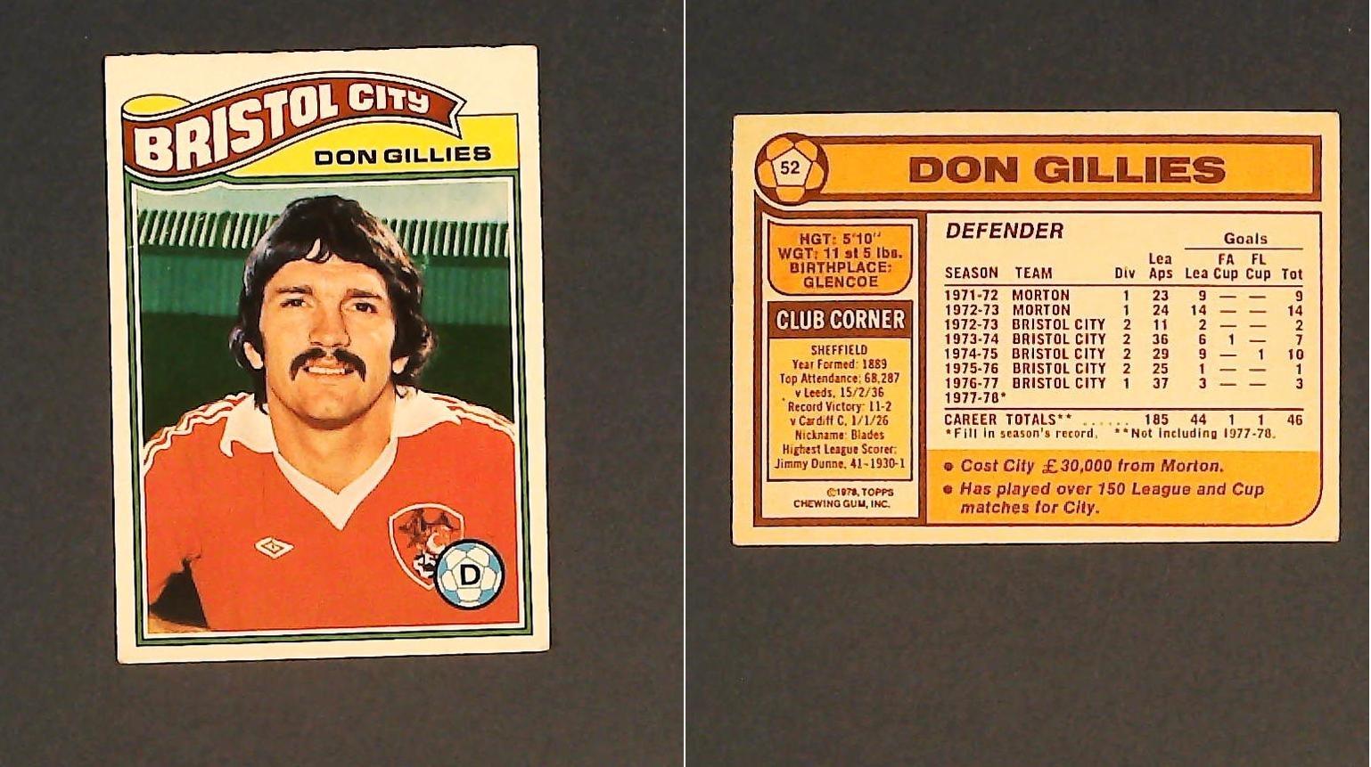 Topps Chewing Gum Orange Back Football Cards - 1978 No.52 Don Gillies Bristol City