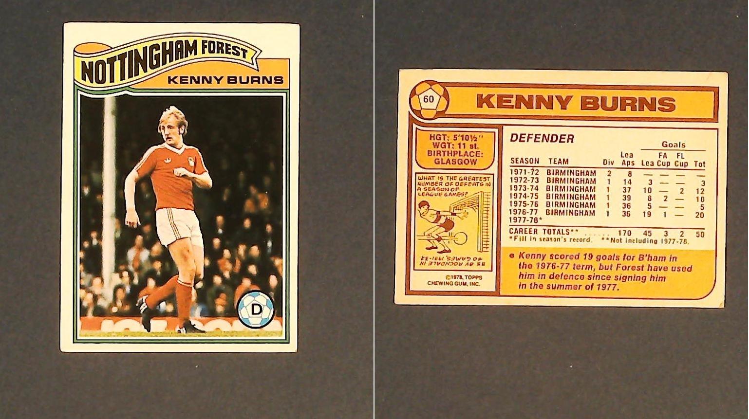 Topps Chewing Gum Orange Back Football Cards - 1978 No.60 Kenny Burns Nottingham Forest