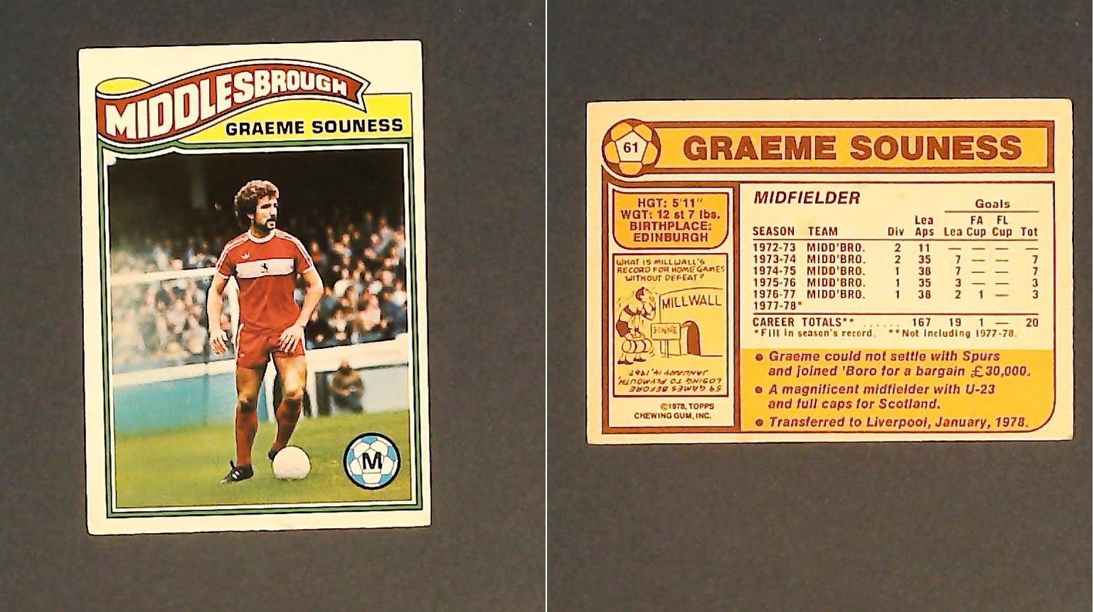 Topps Chewing Gum Orange Back Football Cards - 1978 No.61 Graham Souness Middlesbrough