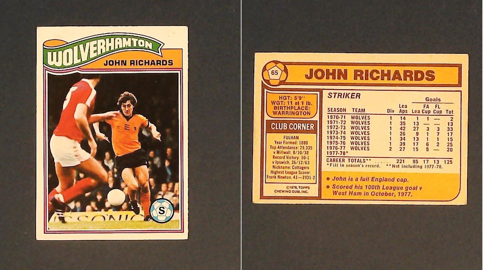 Topps Chewing Gum Orange Back Football Cards - 1978 No.65 John Richards Wolverhampton Wanderers
