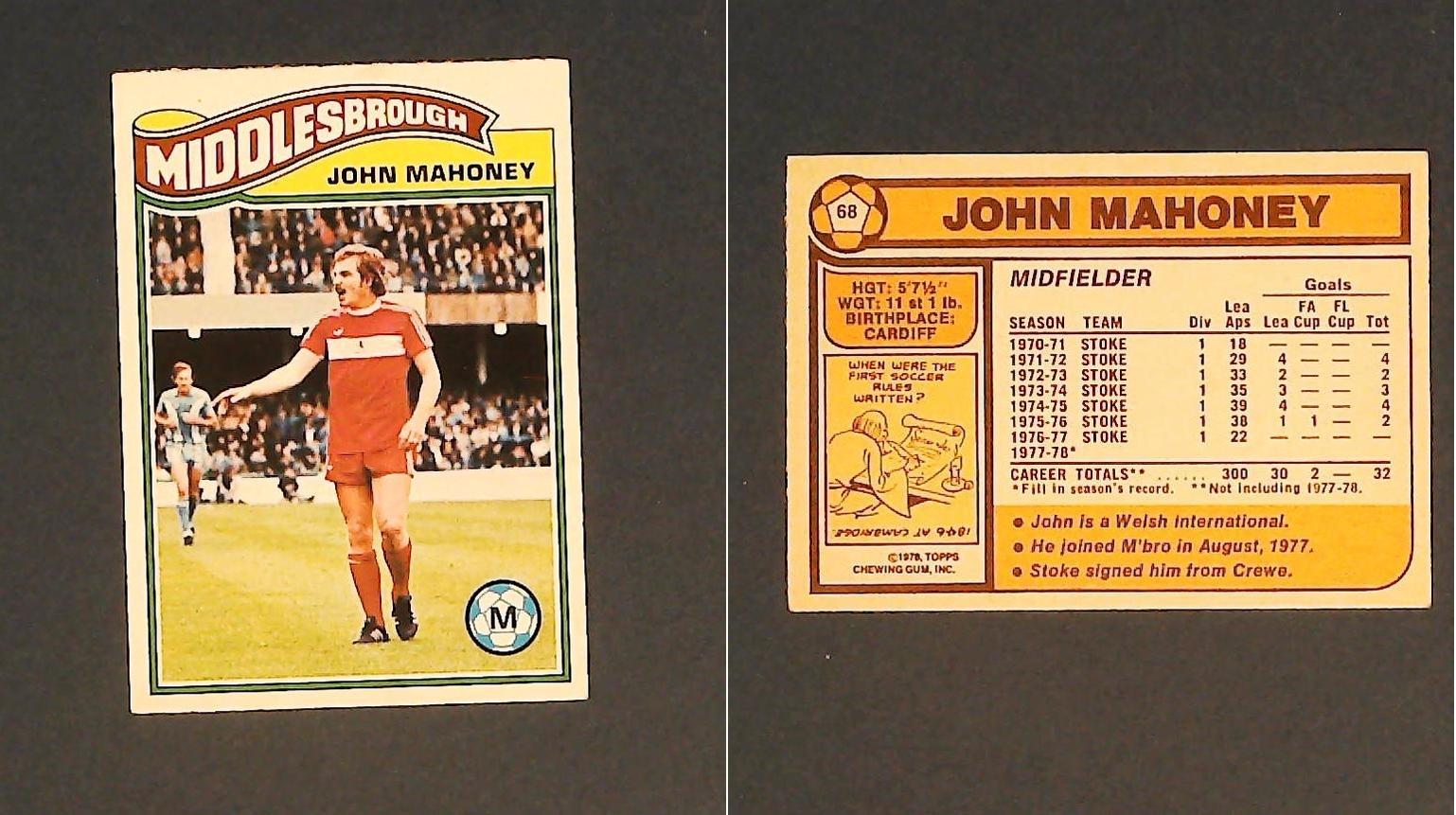 Topps Chewing Gum Orange Back Football Cards - 1978 No.68 John Mahoney Middlesbrough