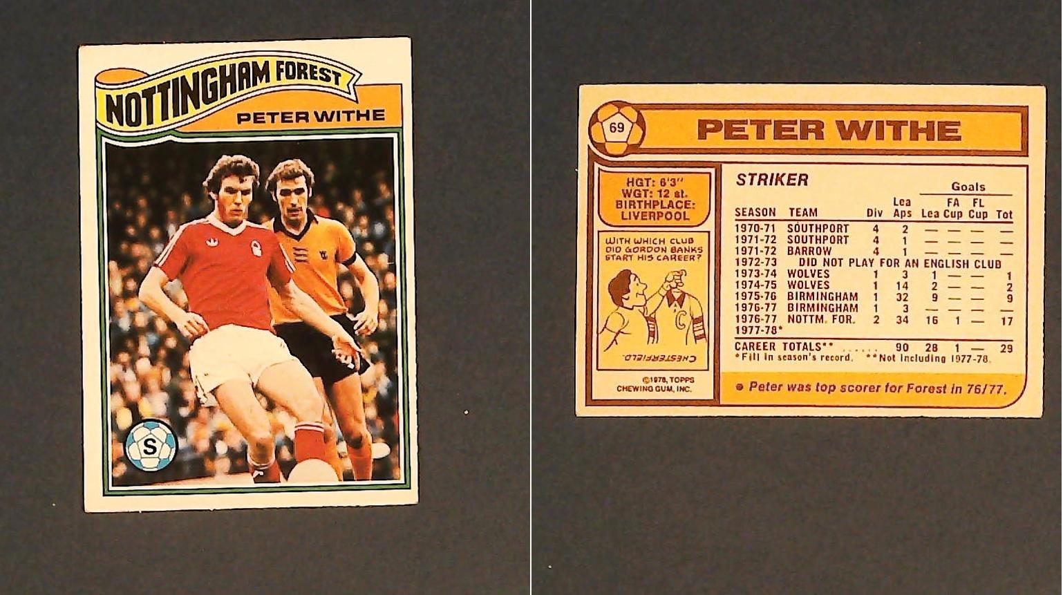 Topps Chewing Gum Orange Back Football Cards - 1978 No.69 Peter Withe Nottingham Forest