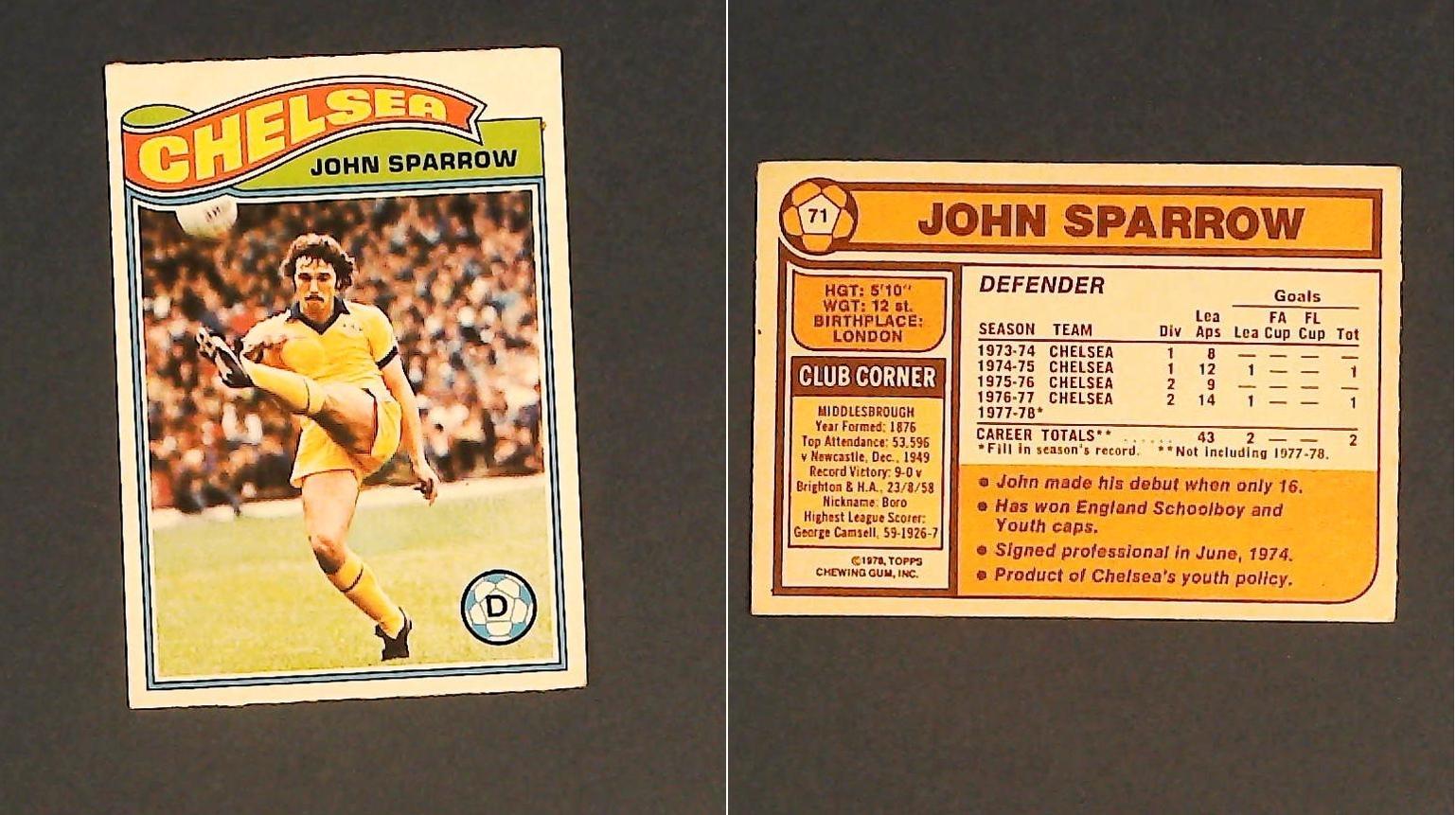 Topps Chewing Gum Orange Back Football Cards - 1978 No.71 John Sparrow Chelsea
