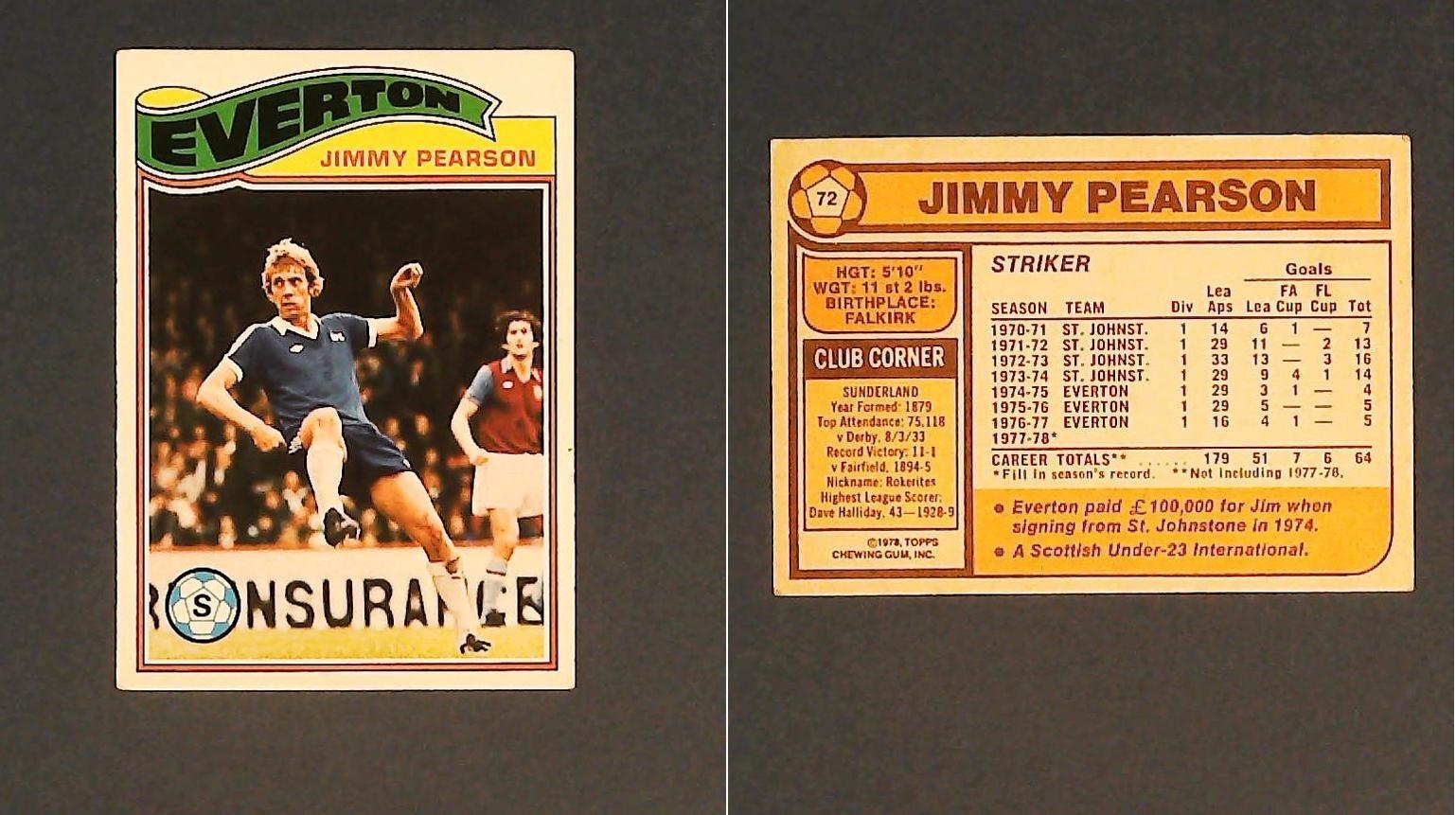 Topps Chewing Gum Orange Back Football Cards - 1978 No.72 Jim Pearson Everton