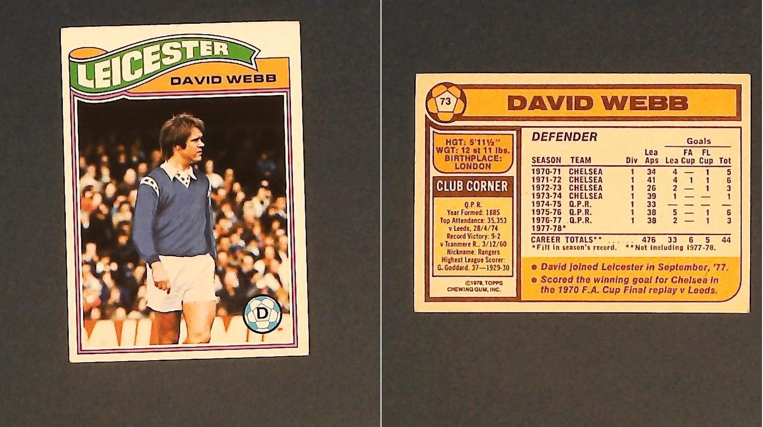 Topps Chewing Gum Orange Back Football Cards - 1978 No.73 David Webb Leicester City