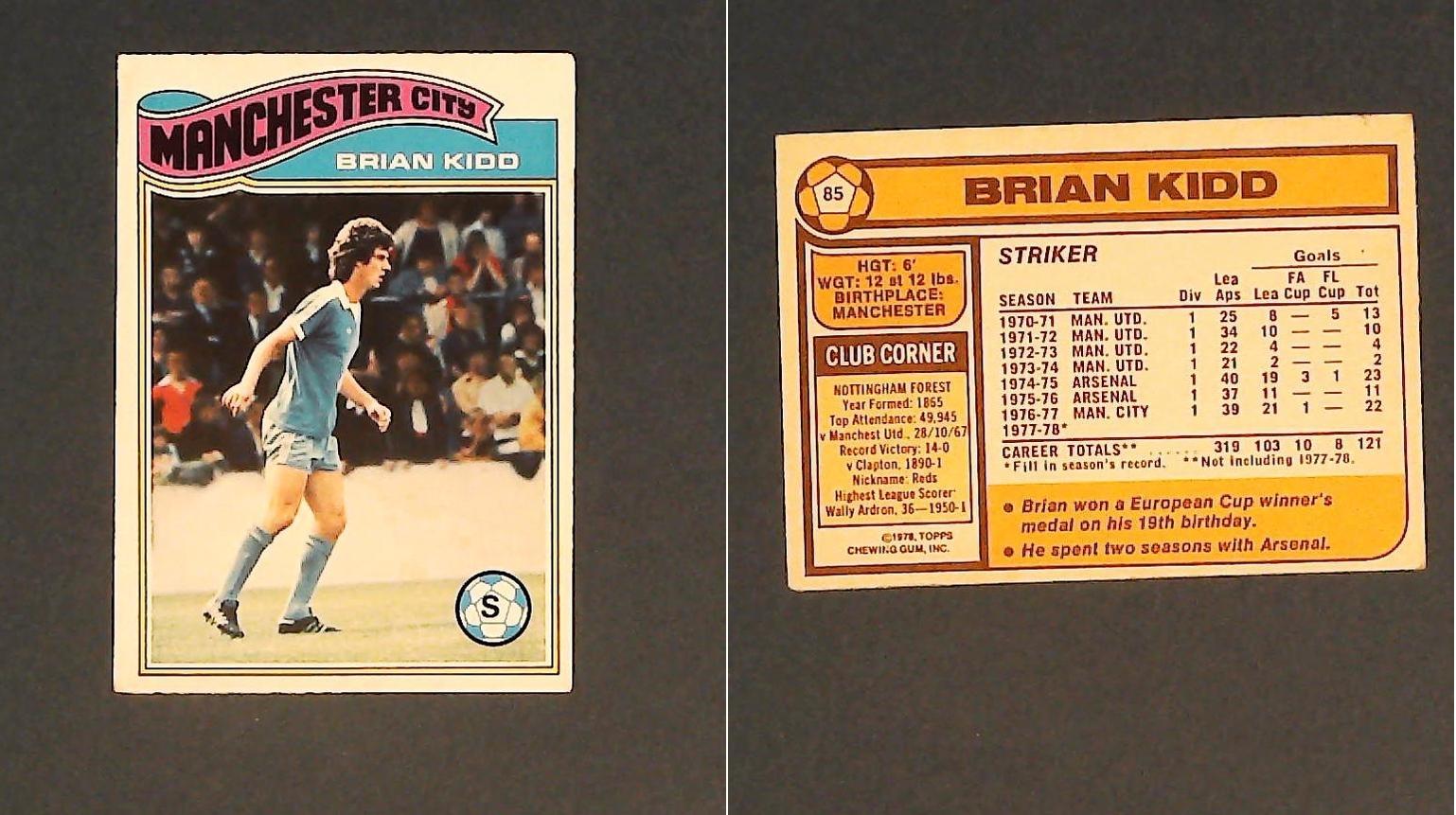 Topps Chewing Gum Orange Back Football Cards - 1978 No..85 Brian Kidd Manchester City