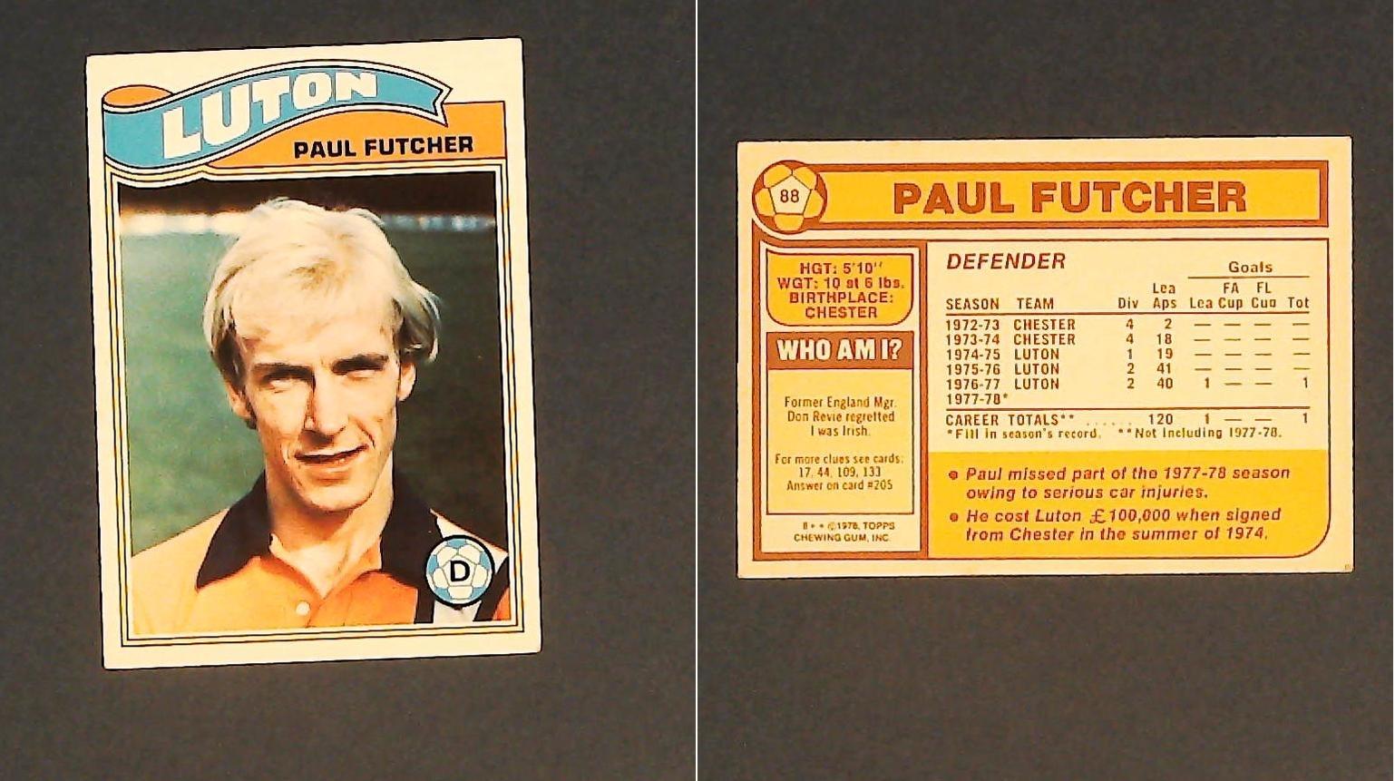 Topps Chewing Gum Orange Back Football Cards - 1978 No..88 Paul Futcher Luton Town