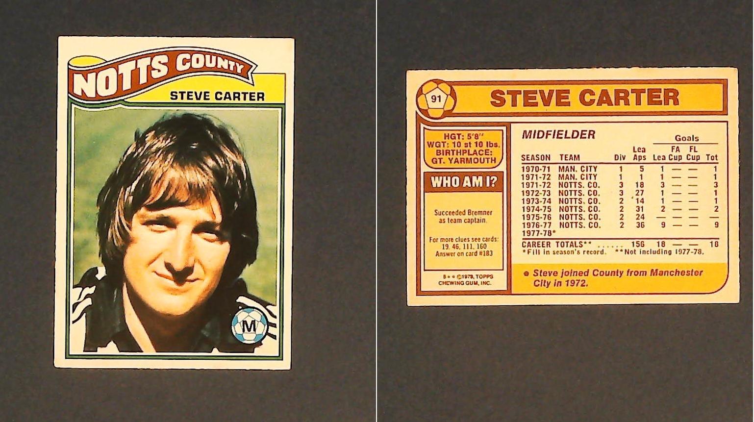 Topps Chewing Gum Orange Back Football Cards - 1978 No..91 Steve Carter Notts County