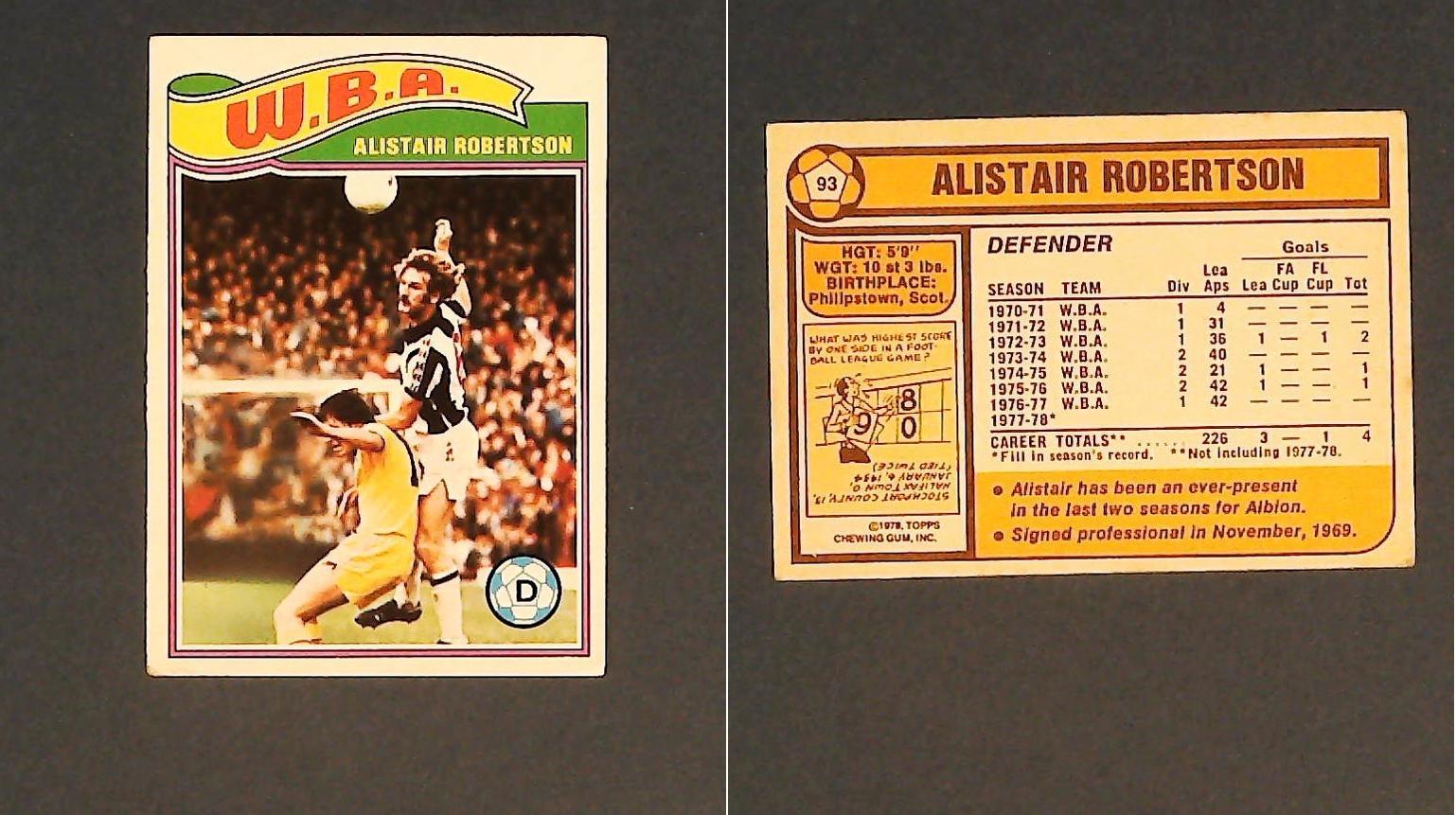 Topps Chewing Gum Orange Back Football Cards - 1978 No.93 Alistair Robertson West Bromwich Albion