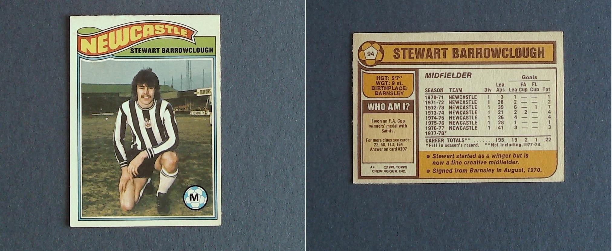 Topps Chewing Gum Orange Back Football Cards - 1978 No.94 Stewart Barrowclough Newcastle United