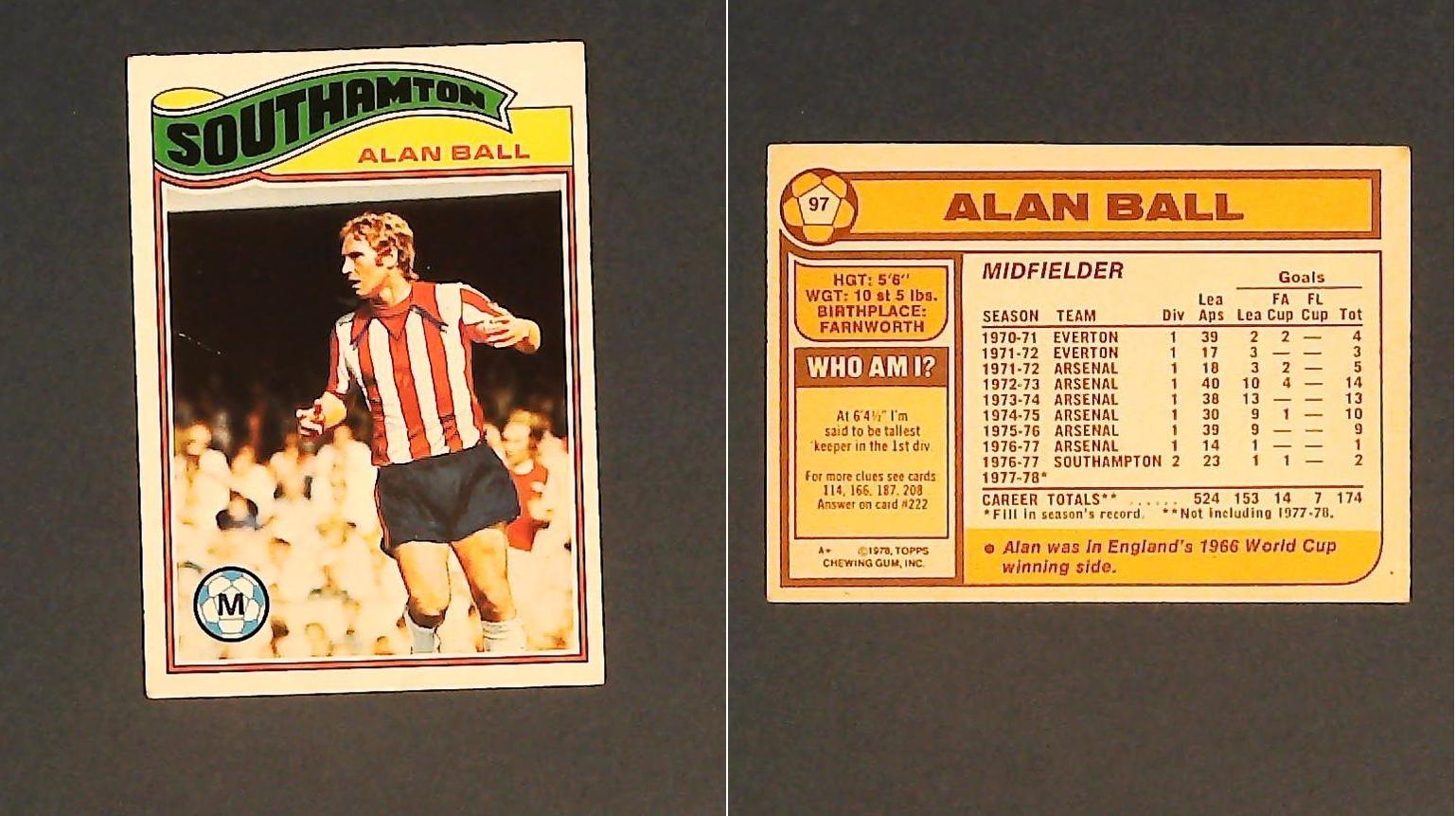 Topps Chewing Gum Orange Back Football Cards - 1978 No.97 Alan Ball Southampton