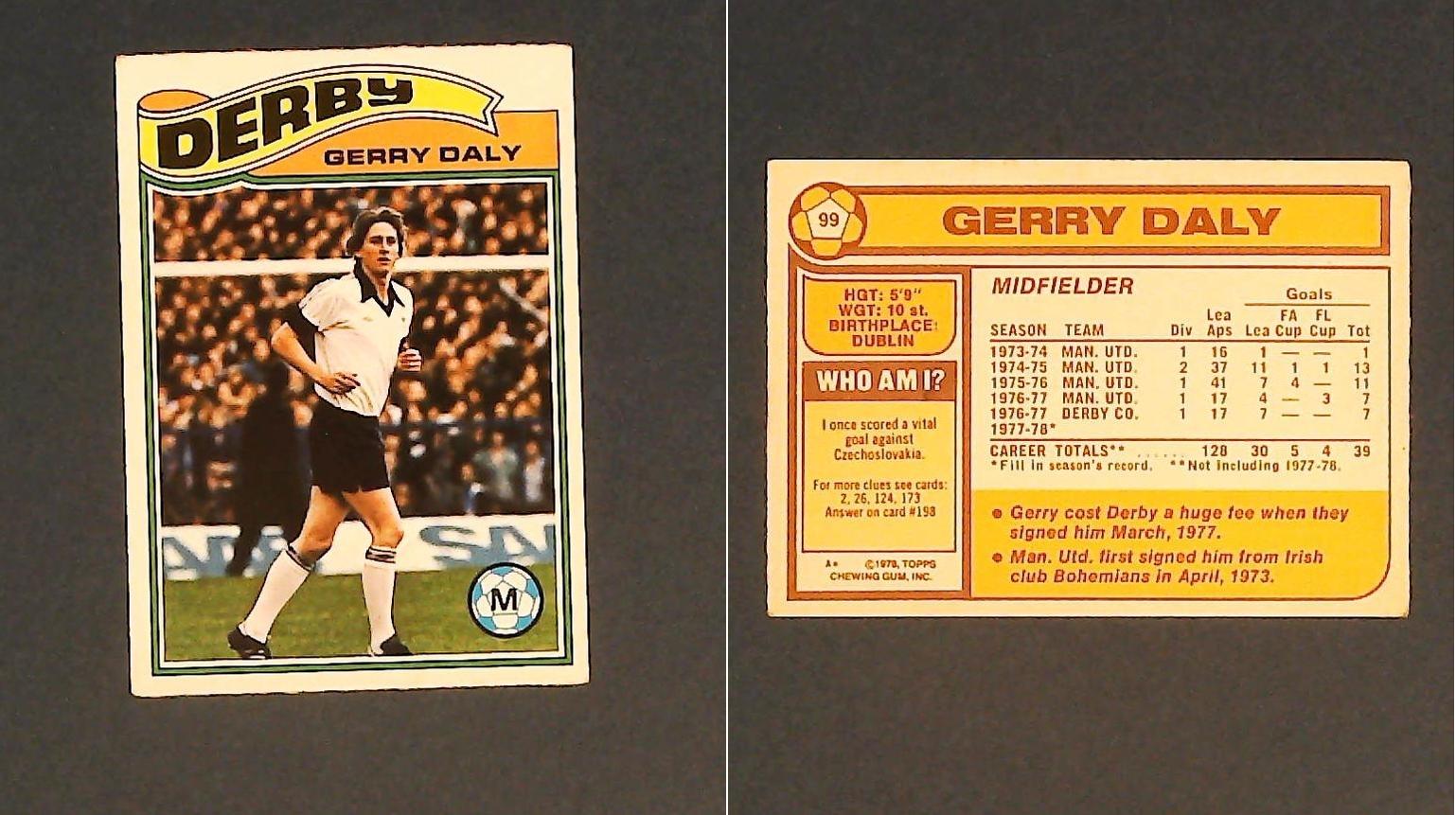 Topps Chewing Gum Orange Back Football Cards - 1978 No.99 Gerry Daly Derby County