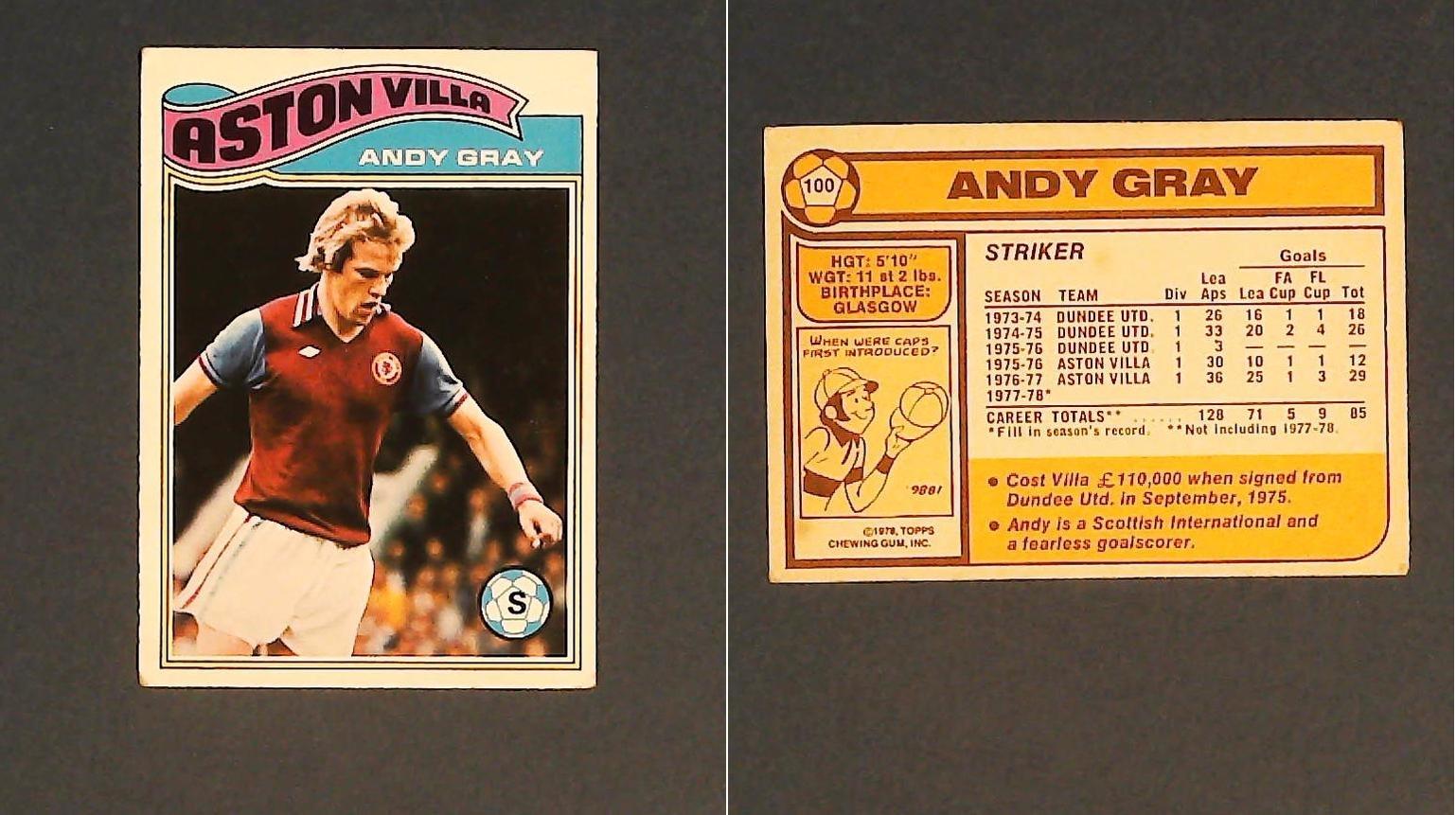Topps Chewing Gum Orange Back Football Cards - 1978 No.100 Andy Gray Aston Villa