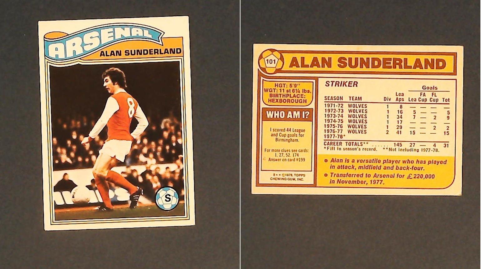 Topps Chewing Gum Orange Back Football Cards - 1978 No.101 Alan Sunderland Arsenal