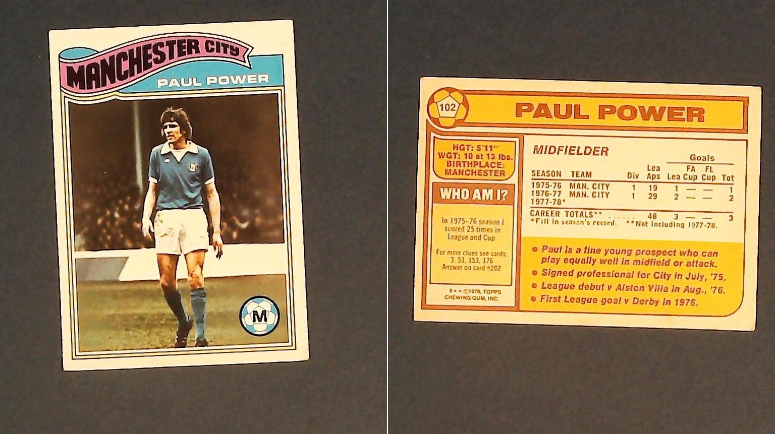 Topps Chewing Gum Orange Back Football Cards - 1978 No.102 Paul Power Manchester City