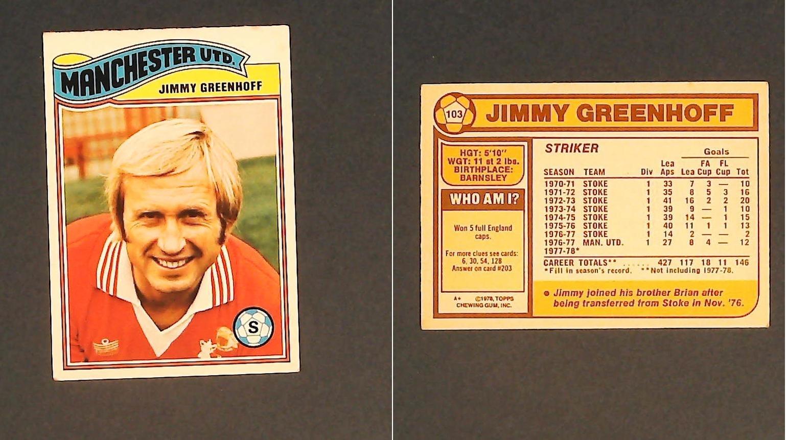 Topps Chewing Gum Orange Back Football Cards - 1978 No.103 Jimmy Greenhoff Manchester United