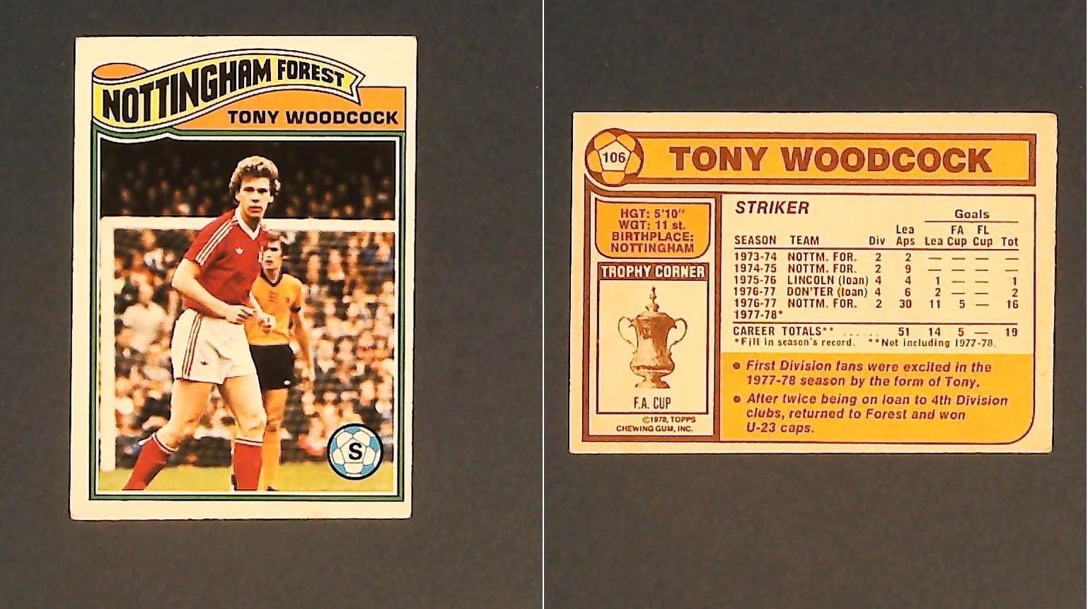 Topps Chewing Gum Orange Back Football Cards - 1978 No.106 Anthony (Tony) Woodcock Nottingham Forest