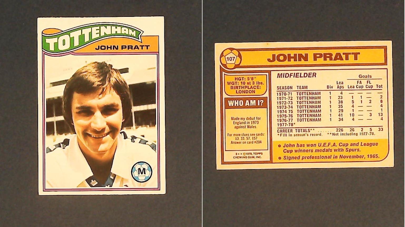 Topps Chewing Gum Orange Back Football Cards - 1978 No.107 John Pratt Tottenham Hotspur