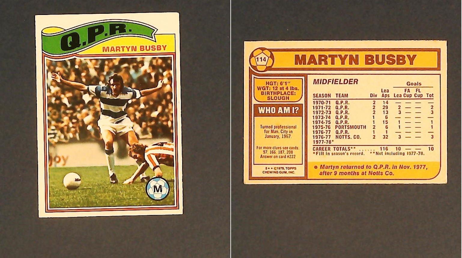Topps Chewing Gum Orange Back Football Cards - 1978 No.114 Martyn Busby Queens Park Rangers Topps Chewing Gum Orange Back Football Cards - 1978 No.114 Martyn Busby Queens Park Rangers