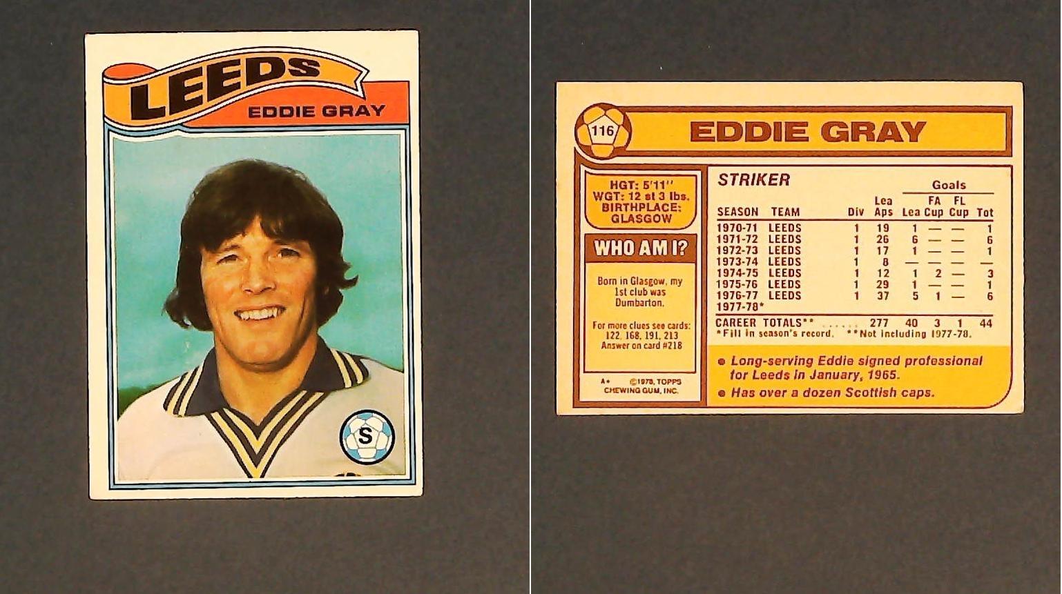 Topps Chewing Gum Orange Back Football Cards - 1978 No.116 Eddie Gray Leeds United Topps Chewing Gum Orange Back Football Cards - 1978 No.116 Eddie Gray Leeds United