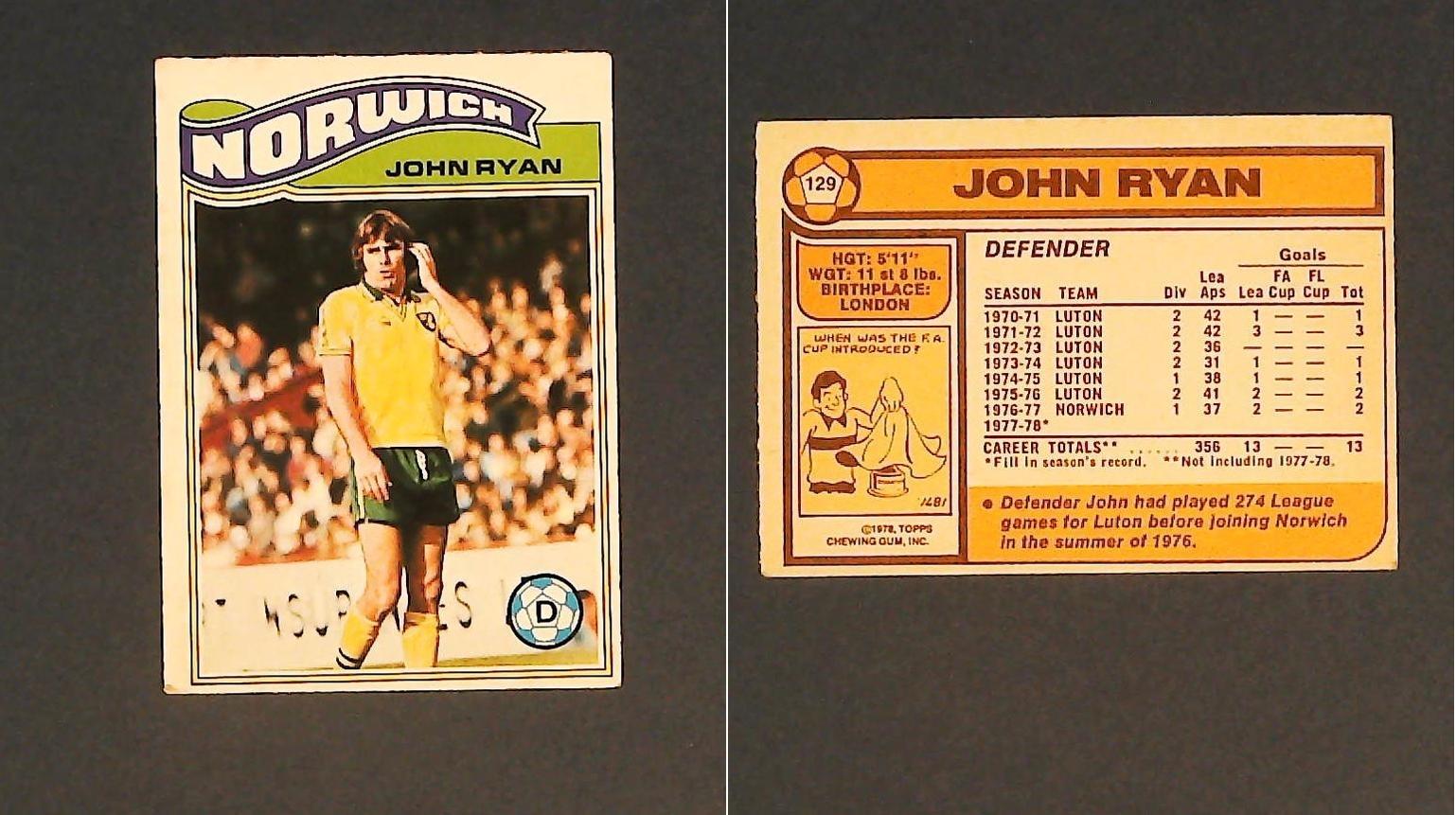 Topps Chewing Gum Orange Back Football Cards - 1978 No129 John Ryan Norwich City