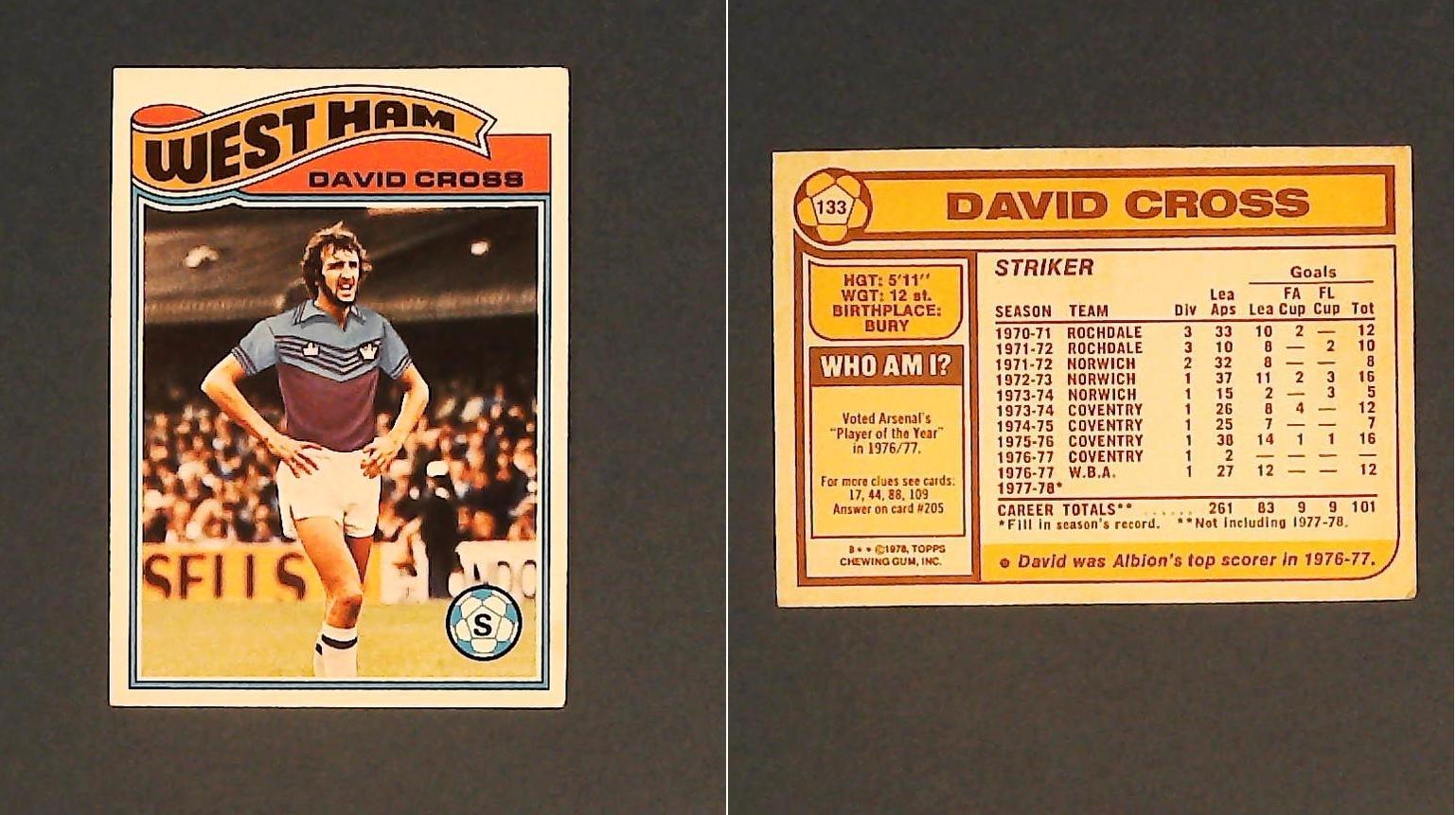 Topps Chewing Gum Orange Back Football Cards - 1978 No 133 David Cross West Ham United