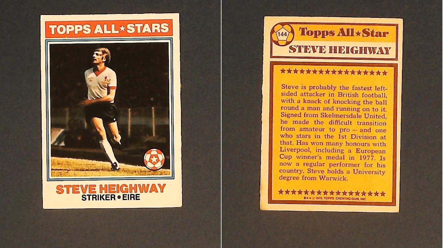 Topps Chewing Gum Orange Back Football Cards - 1978 No 144 Steve Heighway, Topps All*Stars Eire