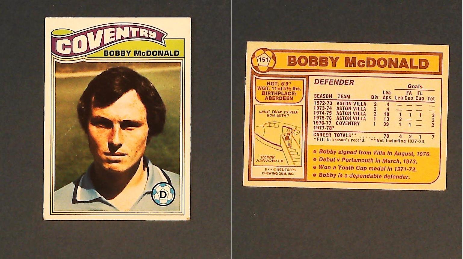 Topps Chewing Gum Orange Back Football Cards - 1978 No 151 Robert (Bobby) McDonald Coventry City