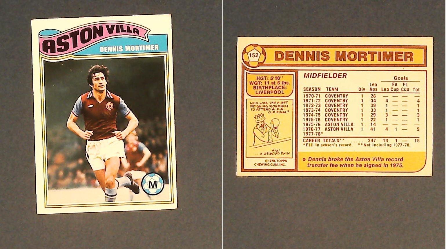 Topps Chewing Gum Orange Back Football Cards - 1978 No 152 Dennis Mortimer Aston Villa