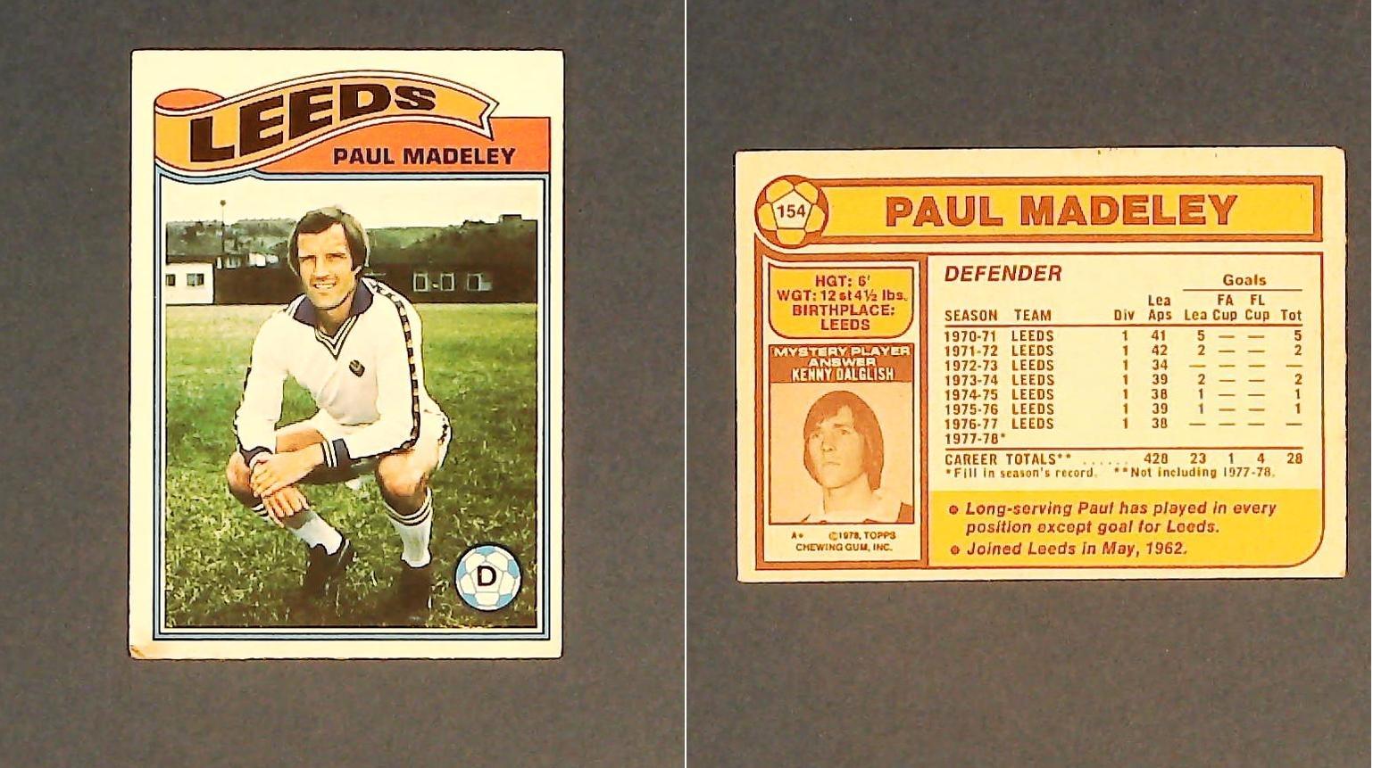 Topps Chewing Gum Orange Back Football Cards - 1978 No 154 Paul Madeley Leeds United