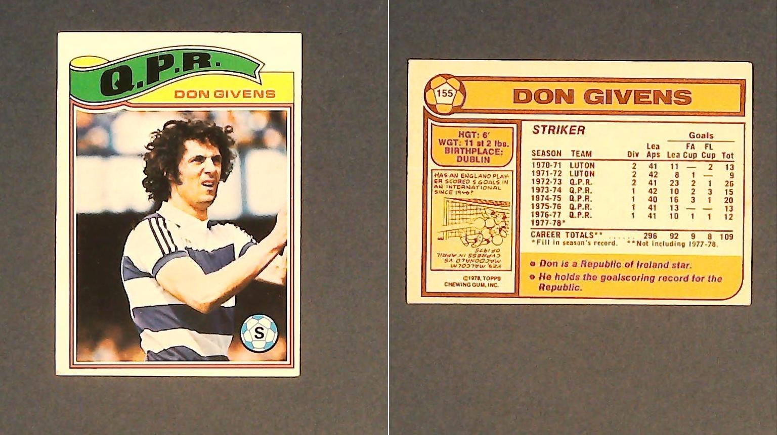 Topps Chewing Gum Orange Back Football Cards - 1978 No 155 Don Givens Queens Park Rangers
