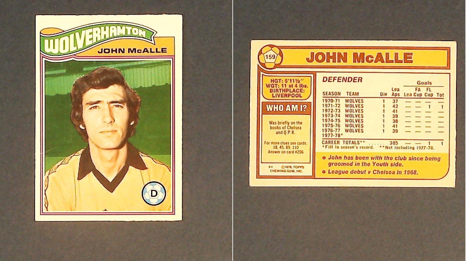 Topps Chewing Gum Orange Back Football Cards - 1978 No 159 John McAlle Wolverhampton Wanderers