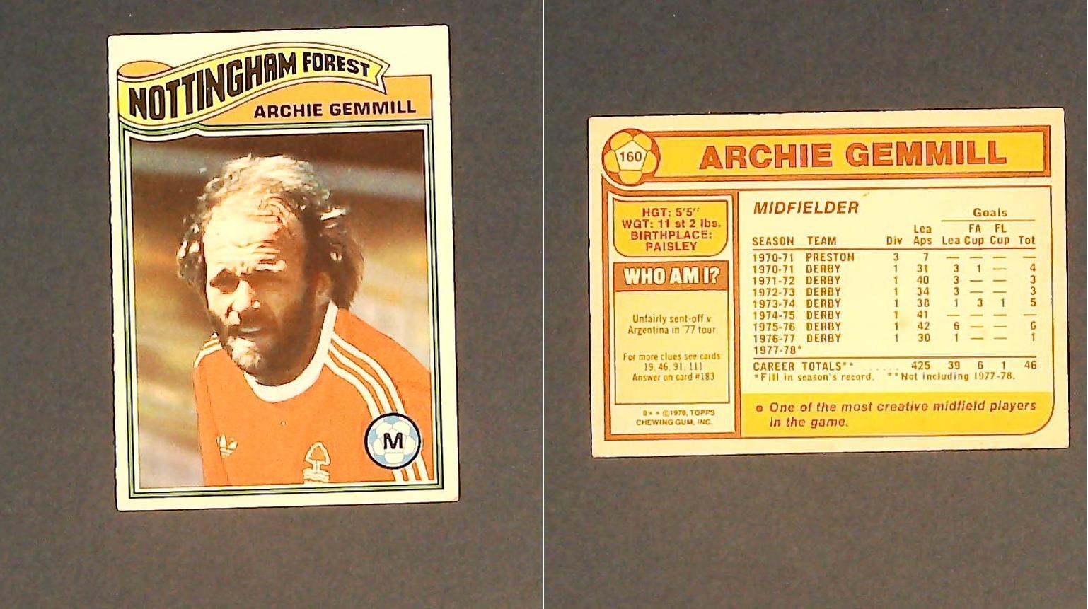 Topps Chewing Gum Orange Back Football Cards - 1978 No 160 Archie Gemmill Nottingham Forest