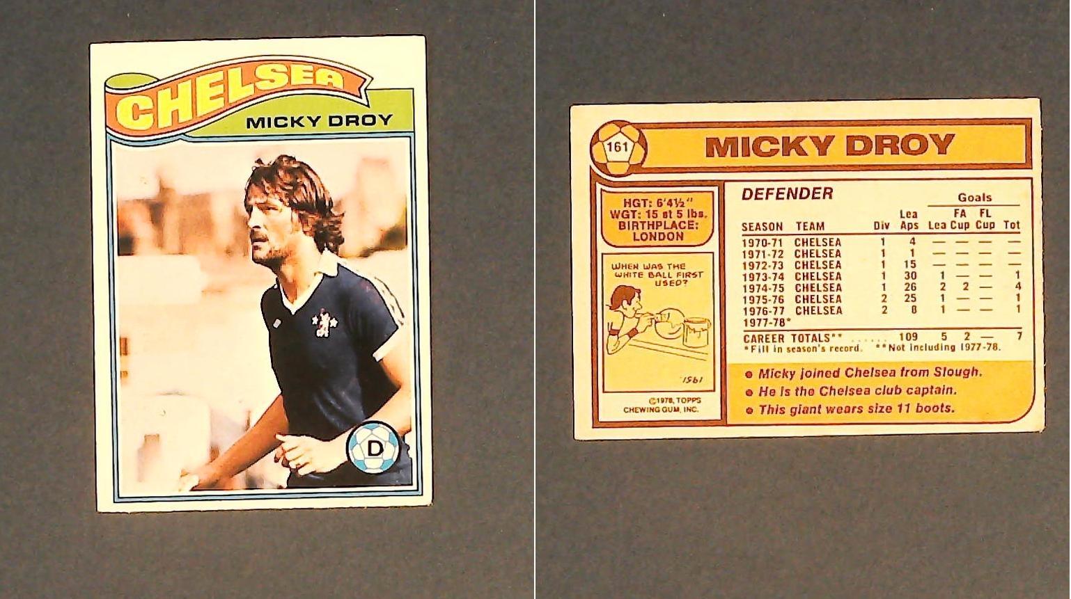 Topps Chewing Gum Orange Back Football Cards - 1978 No 161 Micky Droy Chelsea