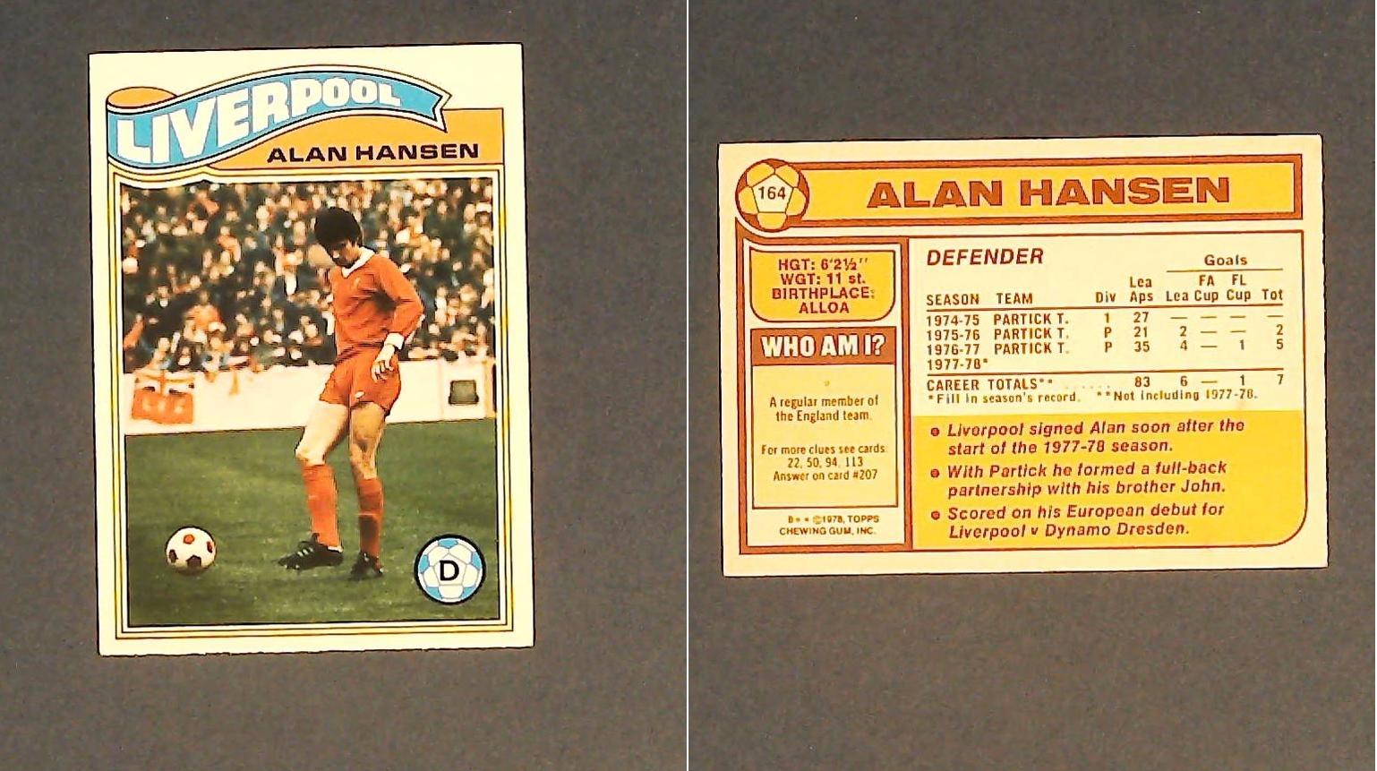 Topps Chewing Gum Orange Back Football Cards - 1978 No 164 Alan Hansen Liverpool