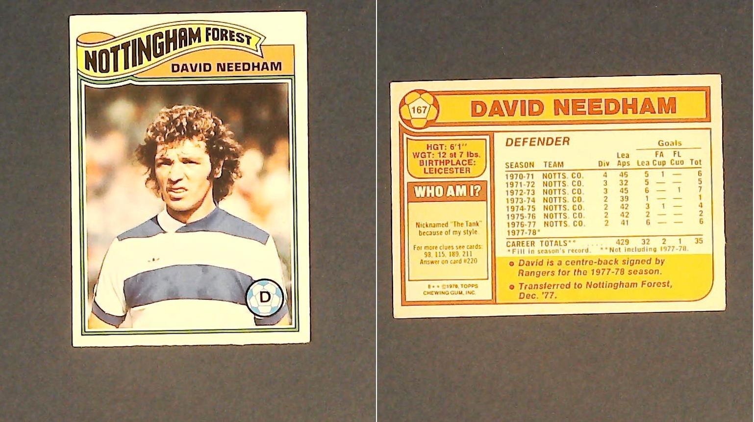 Topps Chewing Gum Orange Back Football Cards - 1978 No 167 Dave Needham Nottingham Forest