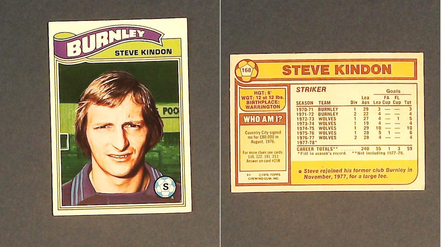 Topps Chewing Gum Orange Back Football Cards - 1978 No 168 Steve Kindon Burnley