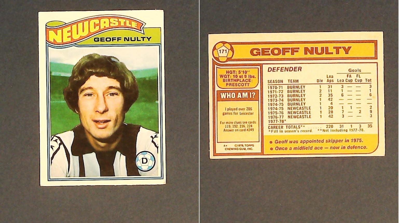 Topps Chewing Gum Orange Back Football Cards - 1978 No171 Geoff Nulty Newcastle United