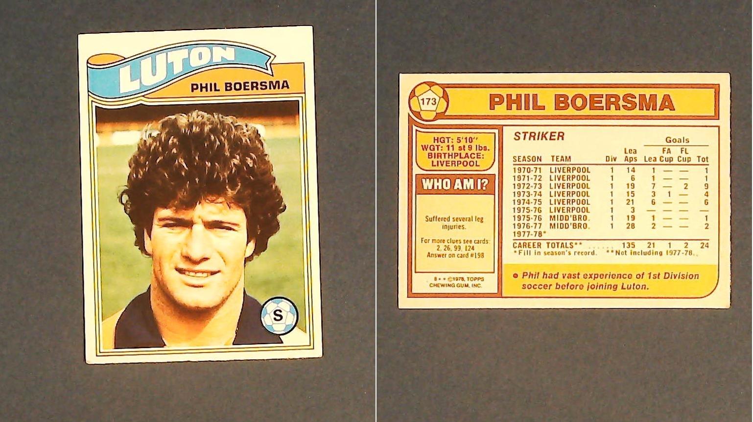 Topps Chewing Gum Orange Back Football Cards - 1978 No 173 Phil Boersma Luton Town